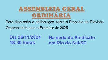 SINDICATO CONVOCA ASSEMBLEIA GERAL ORDINARIA  NO DIA 26 DE NOVEMBRO-2024